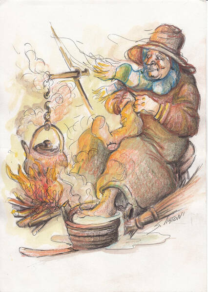 Befana che fa la maglia accanto al fuoco con i piedi in ammollo nel catino