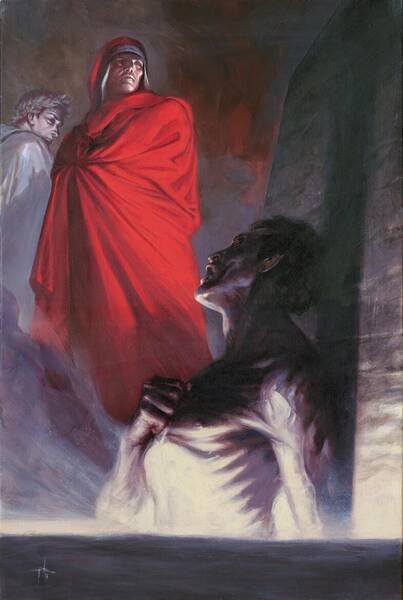 Uomo vestito con mantello Rosso nell'inferno di Dante